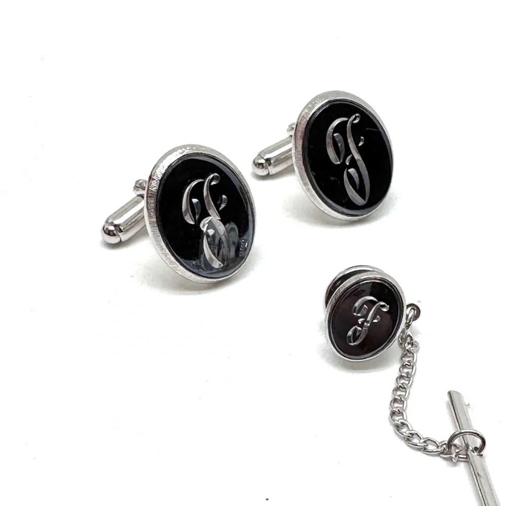 Vintage Anson F Engraved Silvertone Cufflinks and Tie Tack Set with Black Inlay